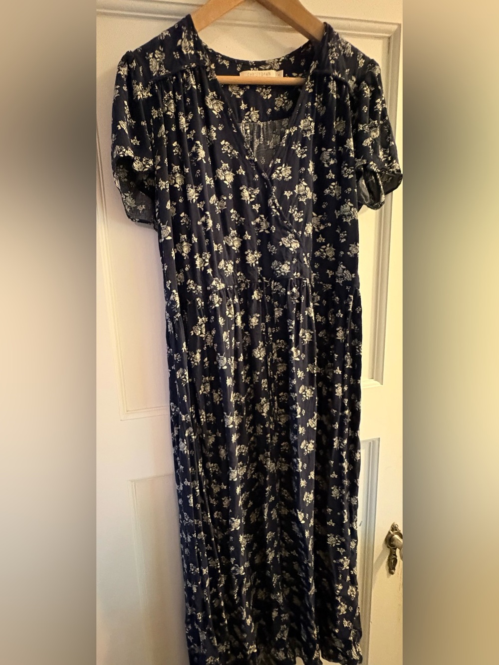 Christy Dawn full length blue v-neck dress with drawstring under bust.